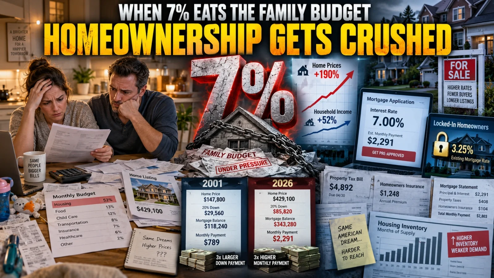 American family reviewing a mortgage payment and household budget beside a high-priced home as 7% mortgage rates strain affordability