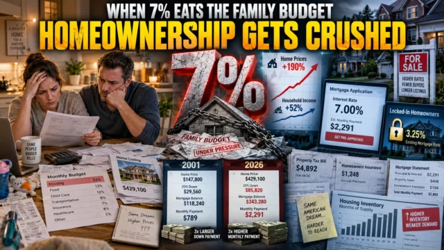 American family reviewing a mortgage payment and household budget beside a high-priced home as 7% mortgage rates strain affordability
