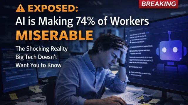 White-collar professional worker at computer looking stressed about AI job displacement, office setting showing career uncertainty and pay cuts