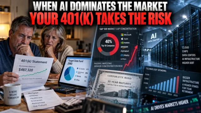 American worker reviewing a 401(k) statement beside stock-market charts, data-center infrastructure and corporate bond documents illustrating AI-related retirement risk