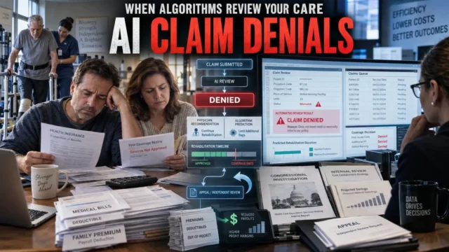 American patient facing medical bills beside a health insurance claims review dashboard representing AI-driven healthcare claim decisions