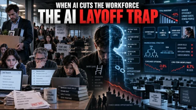 Displaced technology worker facing AI-driven restructuring, shrinking hiring opportunities and corporate automation pressures in 2026