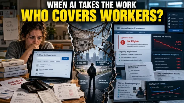Displaced American worker facing financial pressure beside unemployment insurance documents and AI-related labor market data