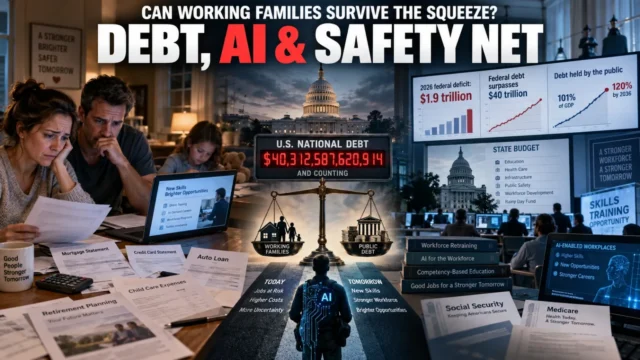 American working family facing federal debt pressure, AI-driven job disruption and a strained social safety net