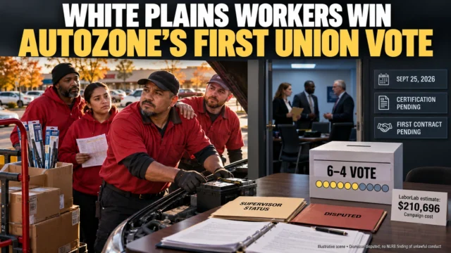 Illustrative auto parts workers beside a store parking lot, paired with ballot and bargaining imagery representing the White Plains AutoZone union vote