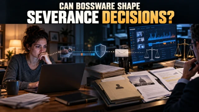 Illustrative remote-work scene with an activity dashboard and employment paperwork, representing a study of bossware and severance decisions