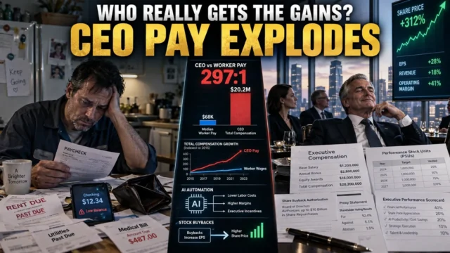 American worker contrasted with corporate executive compensation data, stock charts and equity awards illustrating CEO pay inequality