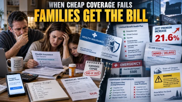 Worried American family reviewing a low-cost health plan beside hospital bills and limited-benefit insurance documents