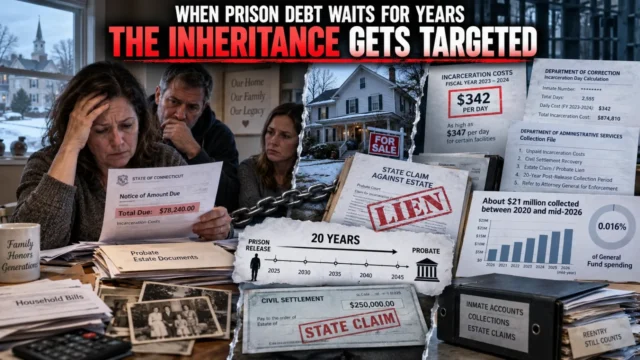 Former inmate facing an inheritance lien linked to Connecticut pay-to-stay prison fees, with probate documents and state collection records nearby