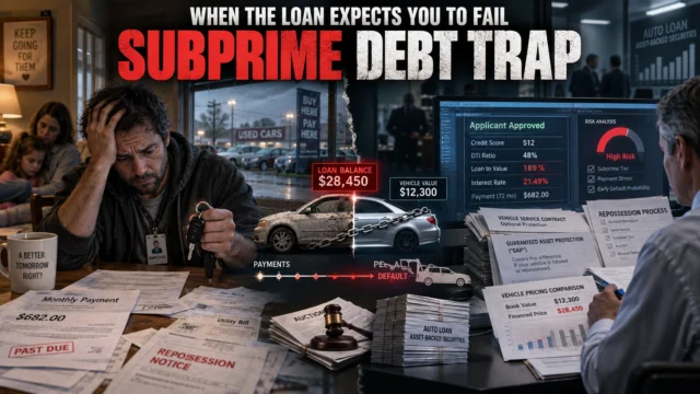 Subprime auto borrower facing vehicle repossession and debt documents beside a dealership finance system representing the Credit Acceptance settlement