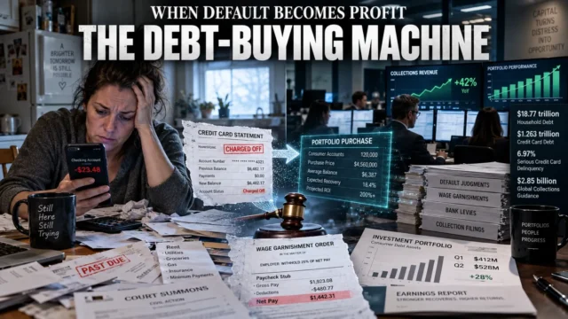 American consumer facing credit card bills and court papers beside financial data representing Encore Capital Group's debt-buying business