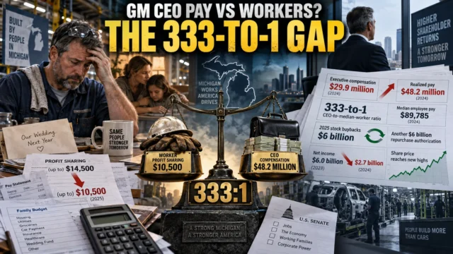 General Motors worker and executive-pay documents illustrating the 333-to-1 CEO-to-median-worker pay ratio and lower 2025 profit-sharing checks