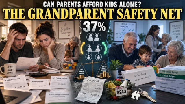 Young American parents reviewing household bills while grandparents help with childcare, illustrating growing reliance on family financial support