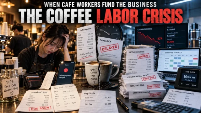 Generic cafe worker reviewing bills and supplies beside a specialty coffee counter, representing Haus Coffee labor issues and wage pressure