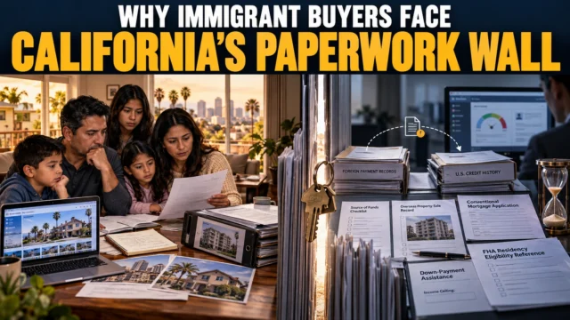 Illustrative immigrant family reviewing mortgage paperwork beside a California home, with overseas financial records and a U.S. credit file