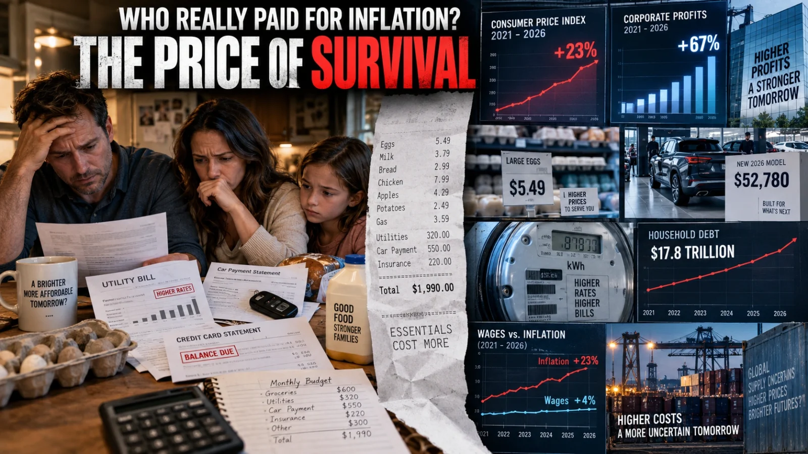 American family reviewing grocery, utility and auto costs beside charts showing inflation, corporate profits and household debt