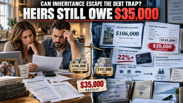 American family reviewing inheritance and debt documents as inherited retirement savings fall short of outstanding liabilities