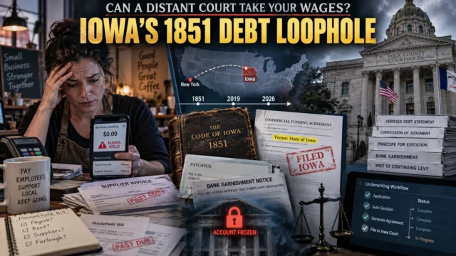 Small-business owner facing frozen accounts and wage garnishment beside Iowa court documents illustrating confession-of-judgment enforcement