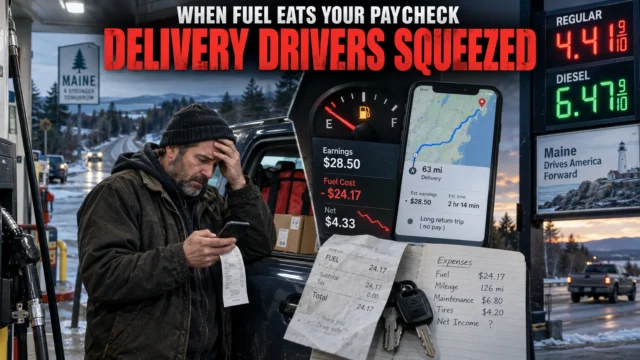 Delivery driver at a Maine gas station facing high fuel prices while app-based work expenses rise