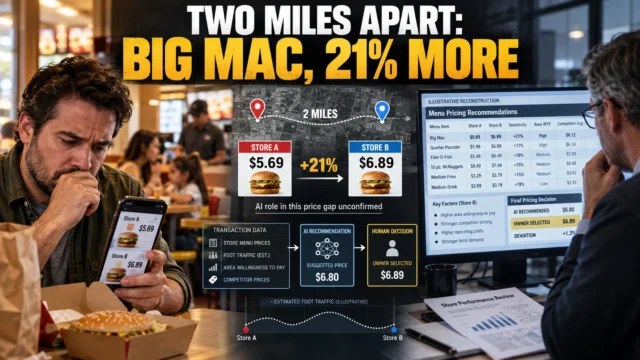 Illustrative customer comparing $5.69 and $6.89 Big Mac listings beside a restaurant-level pricing dashboard