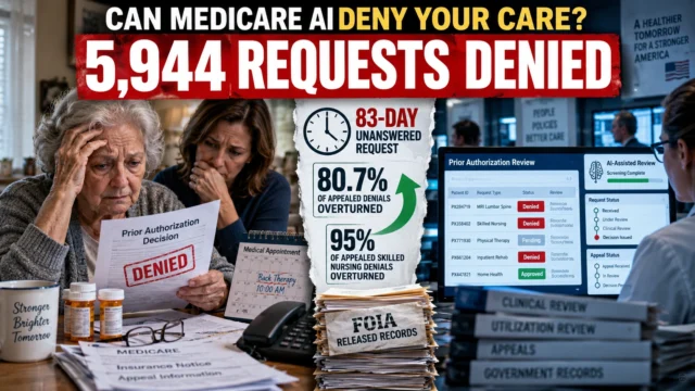 Senior Medicare patient reviewing a denied prior authorization request beside an AI-assisted utilization review dashboard