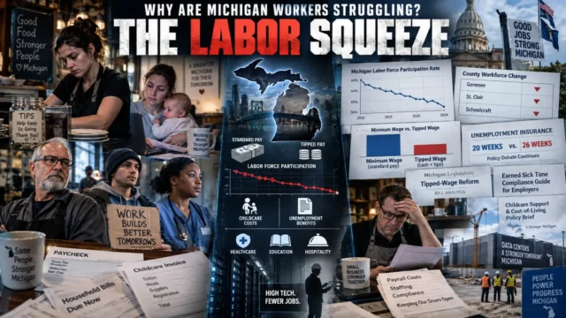 Michigan workers, restaurant staff and families representing debates over wages, childcare costs, employment and labor protections