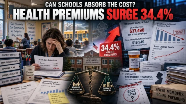 New Jersey school employees and classrooms contrasted with rising health insurance costs, SEHBP documents and prescription drug expenses