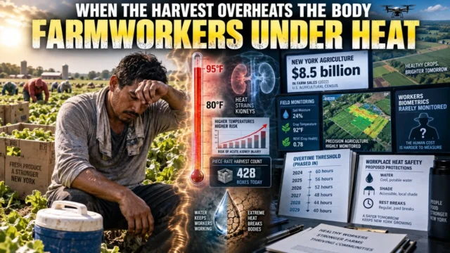 Farmworker harvesting crops in extreme summer heat with water, farm technology and heat-safety evidence in the background