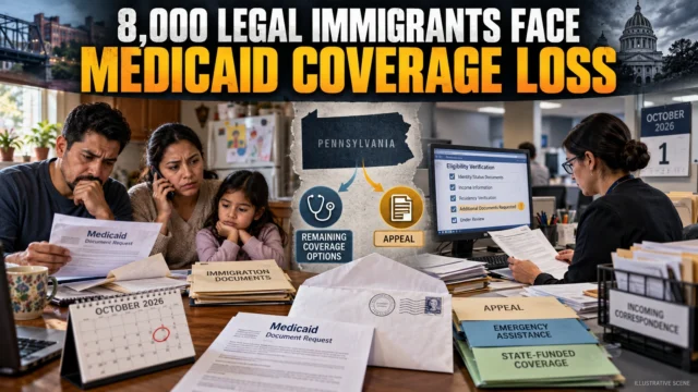 Illustrative Pennsylvania immigrant family reviewing Medicaid notices beside an assistance-office scene with immigration documents and appeal forms