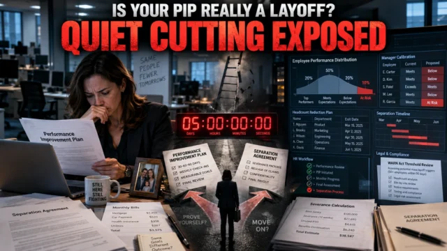 Corporate employee facing a performance improvement plan while ranking dashboards and separation documents appear in the background