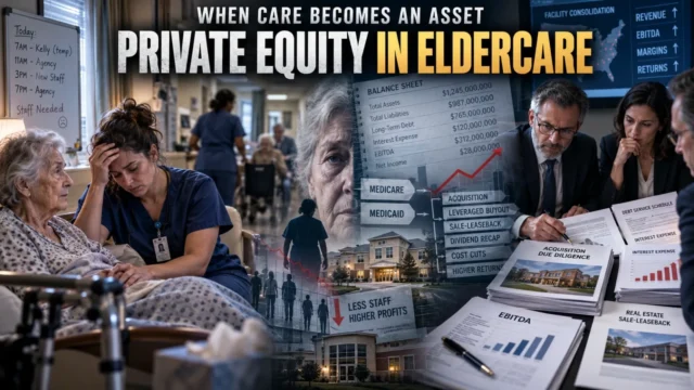 Elderly American patient and exhausted caregiver contrasted with private equity financial documents, debt charts and nursing-home assets