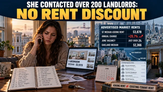 Illustrative renter making calls beside apartment listings, contrasted with San Francisco housing and rental market figures