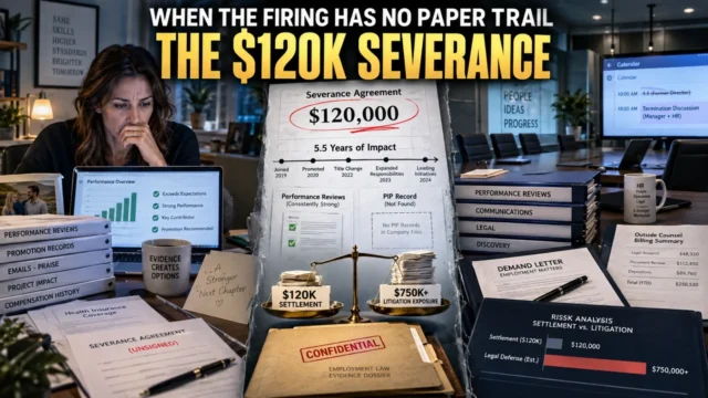 Terminated technology startup employee reviewing performance records and severance documents while corporate HR and legal evidence appear in the background