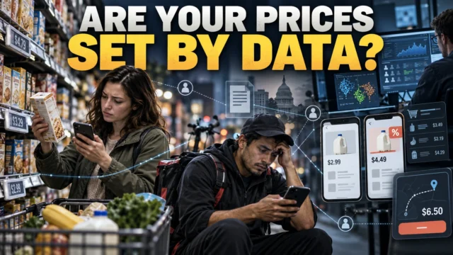 A shopper checks product prices on a smartphone in a supermarket aisle, with electronic shelf labels and a delivery worker in the background