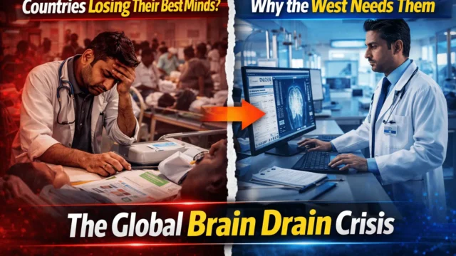 Global brain drain concept showing skilled professionals leaving developing countries for Western nations
