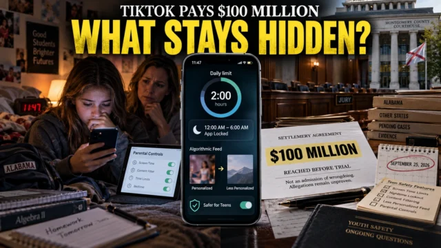 Teen using a smartphone beside TikTok safety controls, court documents and Alabama settlement evidence