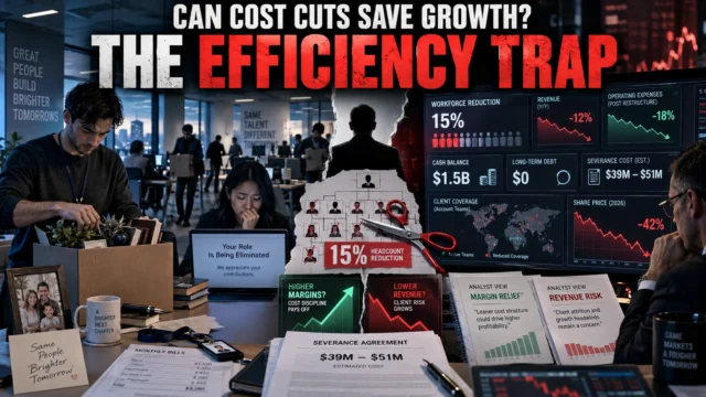 Tech worker facing job uncertainty beside corporate financial charts illustrating The Trade Desk layoffs and restructuring debate