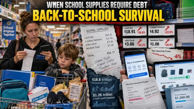 American parent comparing school supplies and household expenses during the 2026 back-to-school affordability crisis