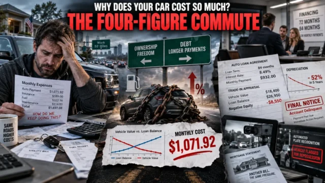 American commuter beside a modern vehicle with auto loan paperwork, payment figures and depreciation data illustrating rising US car ownership costs