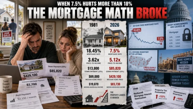 American family reviewing mortgage costs beside a home price and interest-rate comparison between 1981 and 2026
