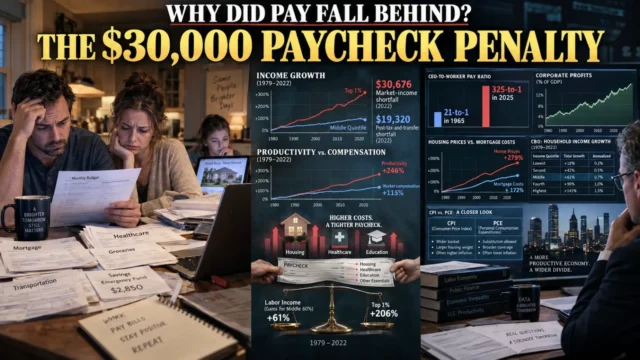 American middle-class family reviewing household expenses beside wage, productivity and income inequality data