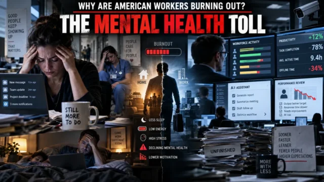 Stressed American employee at a workstation contrasted with workplace monitoring dashboards and artificial intelligence systems