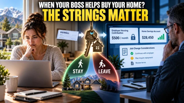 Young Utah worker reviewing homebuying savings while an employer benefits dashboard shows housing assistance and contribution details