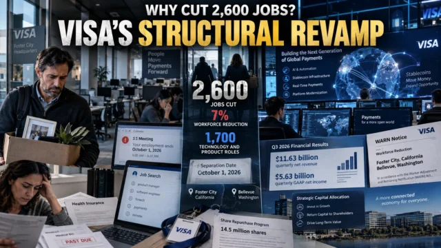 Office worker leaving a technology workplace as Visa layoffs and payment-industry restructuring affect thousands of jobs
