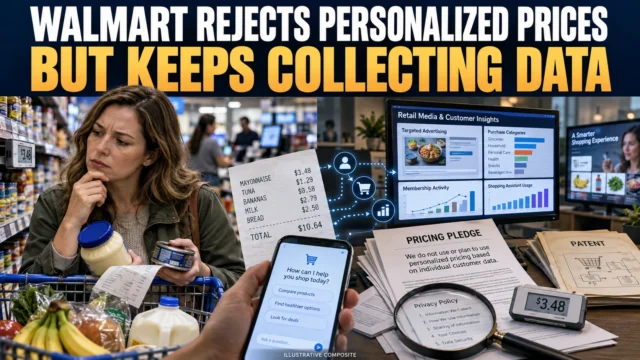 Illustrative grocery shopper beside digital shelf labels, with a shopping assistant and retail advertising dashboard representing Walmart's pricing and data debate