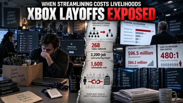 Game developer facing layoff uncertainty beside corporate restructuring dashboards and AI infrastructure imagery